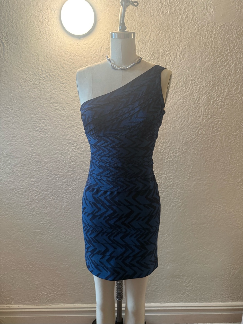 Herve Leger Dagny One-Shoulder Navy and Black Bandage Mini Dress